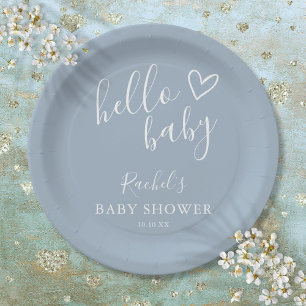 Hallo Baby Shower Baby Jongen Stof Blauw Cute Hart Papieren Bordje