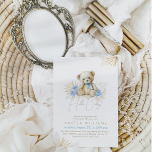 Hallo Baby Teddy Bear Boho Blue Boy Baby shower Kaart