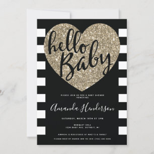 Hallo Baby, Zwart & Goud Baby Shower Uitnodiging