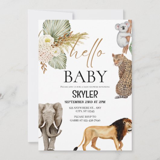 Hallo Boho Wild Animals "Baby" Douche Uitnodiging (Voorkant)