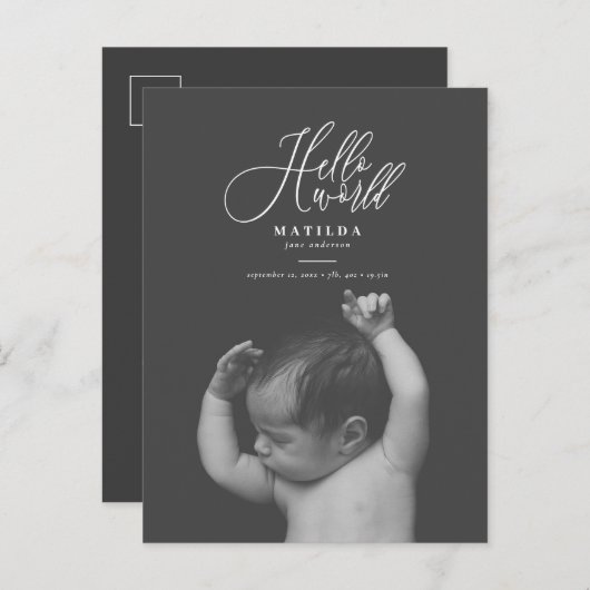 hallo de geboorteaankondiging van het wereldscript aankondigingskaart (Voorkant / Achterkant)