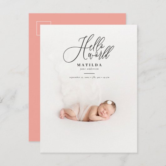 hallo de geboorteaankondiging van het wereldscript aankondigingskaart (Voorkant / Achterkant)