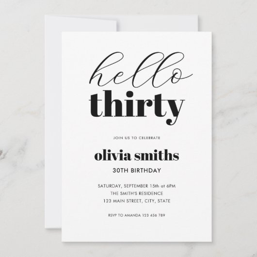 Hallo Dertig moderne zwart-wit 30e verjaardag Kaart (Voorkant)
