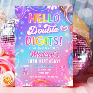 Hallo Dubbele Cijfers Neon Glow Meisje 10e Verjaar Kaart