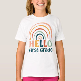 Hallo Eerste klas boho regenboog school kleurrijk T-shirt