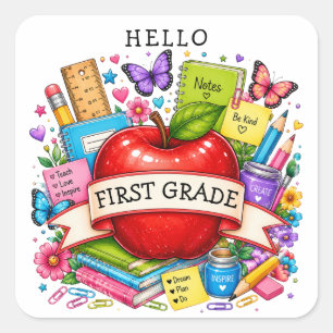 Hallo Eerste Klas Retro Appel Vierkante Sticker