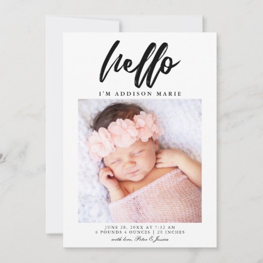 hallo Elegant Script Photo Birth Aankondiging (Voorkant)
