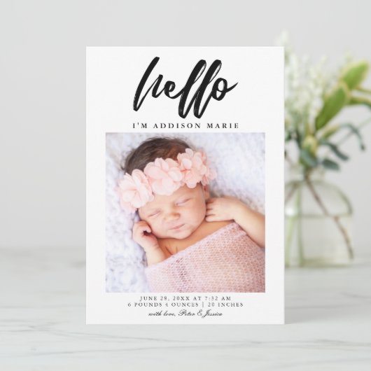 hallo Elegant Script Photo Birth Aankondiging (Staand voorkant)