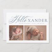 hallo elegant script twee foto blauw jongetje aankondiging (Voorkant)