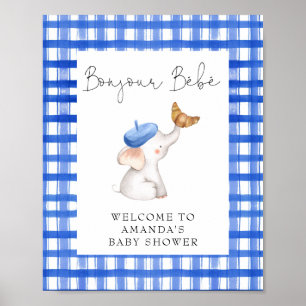 Hallo Franse Gingham Blauwe Welkom Baby Shower Poster