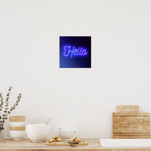hallo Fun Neon Blue Sign Bright en Cheeful Poster (Keuken)