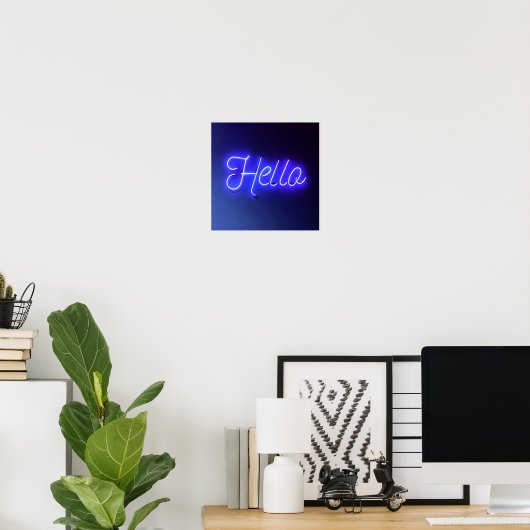 hallo Fun Neon Blue Sign Bright en Cheeful Poster (Thuiskantoor)
