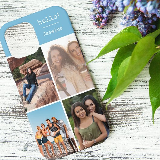 Hallo Gepersonaliseerde 4 fotocollage hemelsblauw Case-Mate iPhone Case