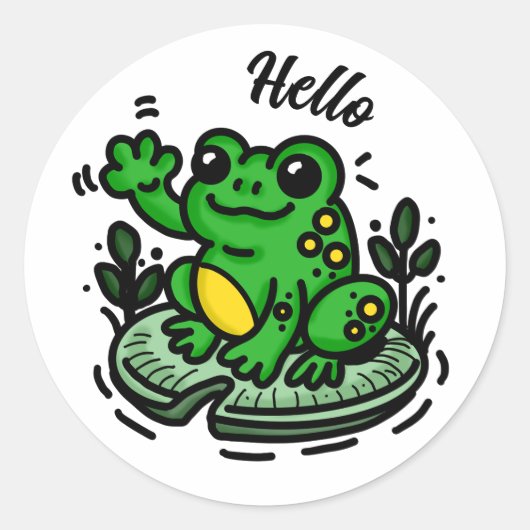 Hallo getrokken | Kikker op Lily Pad Hand getrokke Ronde Sticker (Voorkant)