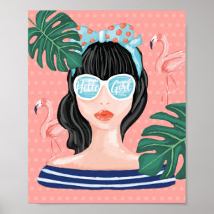 hallo Girl Beach Beauty Retro Tropical Flamingo Poster