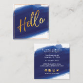Hallo Gold Script | Navy Waterverf Brush Stroke Vierkante Visitekaartje (Voorkant / Achterkant)