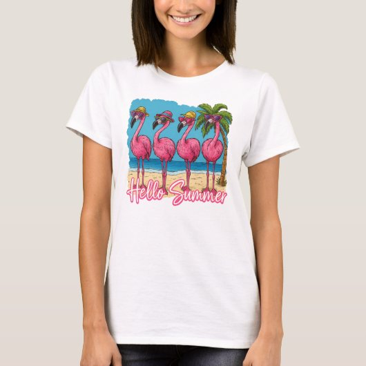 Hallo Grappige roze flamingo T-shirt (Voorkant)