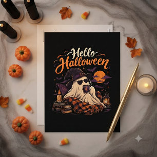 Hallo Halloween Schattig Spookje Drinkt Koffie Feestdagenkaart