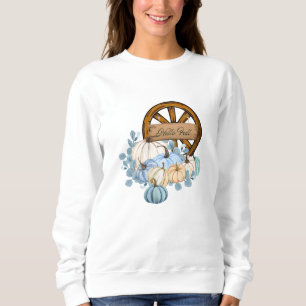Hallo Herfst Blauw Groen Pompoenen Wagon Wheel Trui