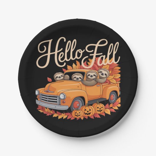 Hallo Herfst Funny Sloth Halloween pompoen Classic Papieren Bordje (Voorkant)