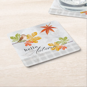 Hallo Herfst met vogel- en herfstbladeren Vierkante Kartonnen Onderzetter
