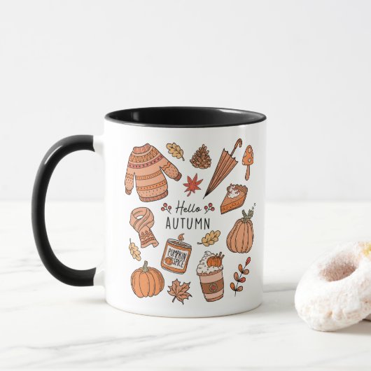 Hallo Herfst Mok, Herfst Vibes Mok, Retro Doodle Mok (Met donut)
