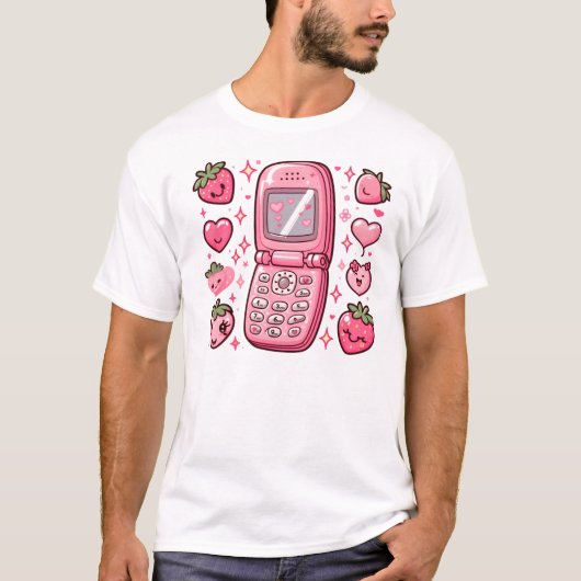 Hallo Hoezo? Het is 2003 - Y2K Strawberry Flip Pho T-shirt (Voorkant)