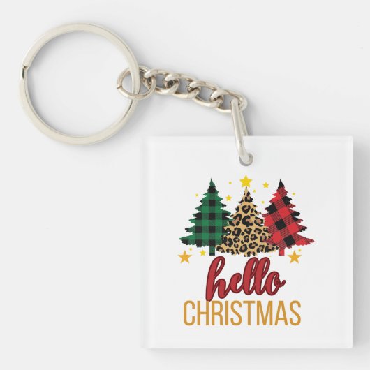 Hallo Kerst Leopard Print Plaid Trees sleutelhange Sleutelhanger (voorkant)