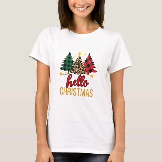 Hallo Kerst Plaid Leopard Trees Custom Name T-shirt (Voorkant)