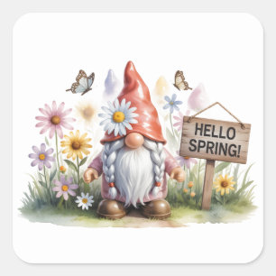 Hallo Lente Tuinkabouter: Schattige Kabouter met V Vierkante Sticker