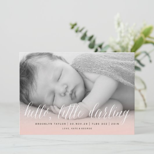 hallo Little Darling Blush Pink Photo Girl Birth Aankondiging (Staand voorkant)