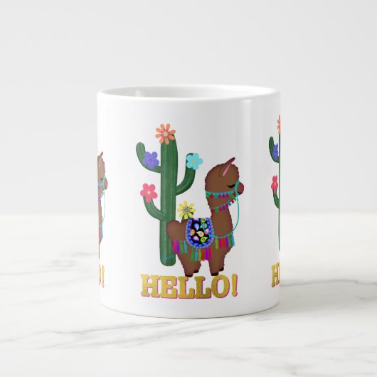 hallo Llama! | Cute Face Brown Llama Extra Grote Beker (Voorkant)