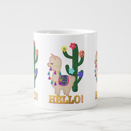 hallo LLAMA! Cute Little Llama en Cactus Extra Grote Beker (Voorkant)