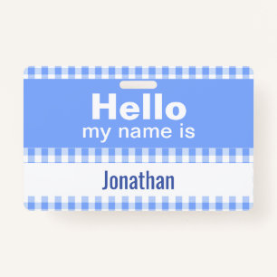 hallo mijn naam is - gingham blauw en wit badge