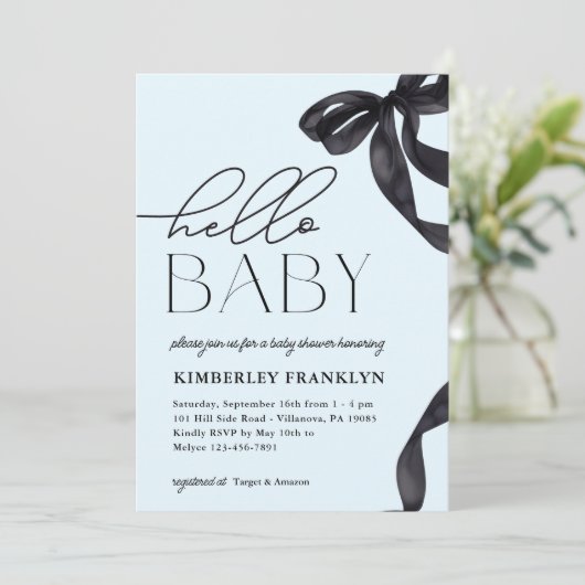 Hallo Modern Baby Bow Boy Baby shower Uitnodiging (Staand voorkant)