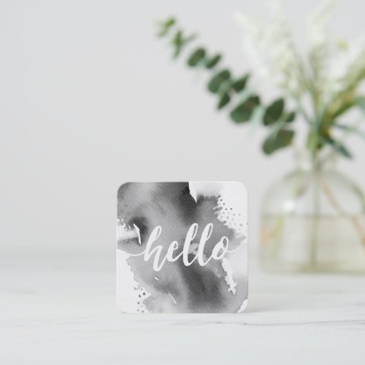 HALLO MODERN SCRIPT waterverf splash grijs Vierkante Visitekaartje (Staand voorkant)