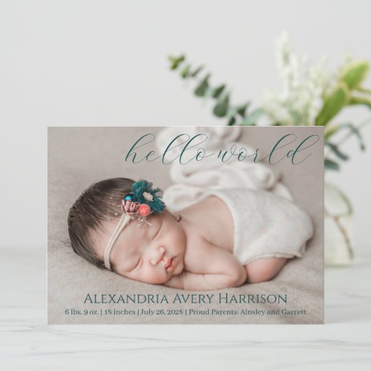 Hallo Modern Wereld Script Baby Geboorte Aankondig Aankondiging (Staand voorkant)
