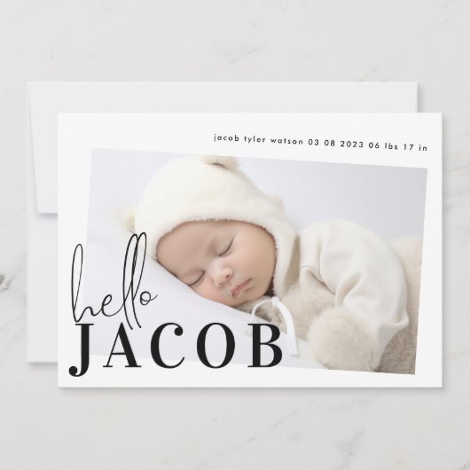 Hallo Naam zwarte minimalistische foto Baby Aankondiging (Voorkant)