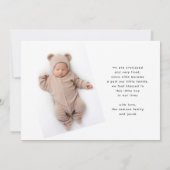 Hallo Naam zwarte minimalistische foto Baby Aankondiging (Achterkant)