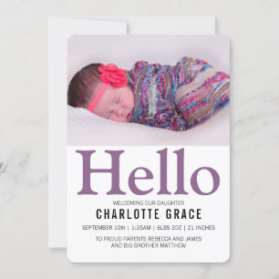 hallo New Baby Paars Personalized Aankondiging