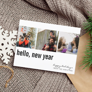 hallo New Year Eenvoudige Typografie Drie Foto Briefkaart