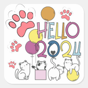 Hallo Nieuwjaar 2024 Met Spelen Katten Vierkante Sticker