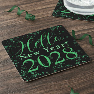 Hallo Nieuwjaar! Oud en Nieuw Groen Zwart Glitter Vierkante Kartonnen Onderzetter