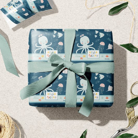 hallo Ocean Octopus en Fish Nautical Blue Kind Cadeaupapier