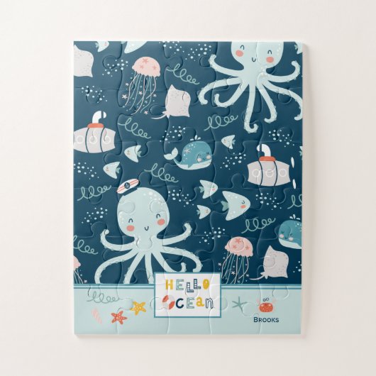hallo Ocean Octopus en Fish Nautical Blue Kind Legpuzzel (Verticaal)