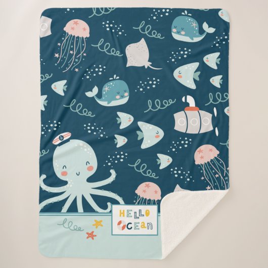 hallo Ocean Octopus en Fish Nautical Blue Kind Sherpa Deken (Voorkant)