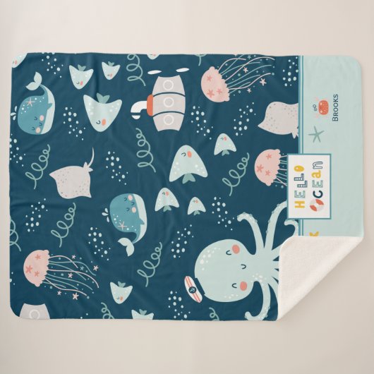 hallo Ocean Octopus en Fish Nautical Blue Kind Sherpa Deken (Voorkant (horizontaal))