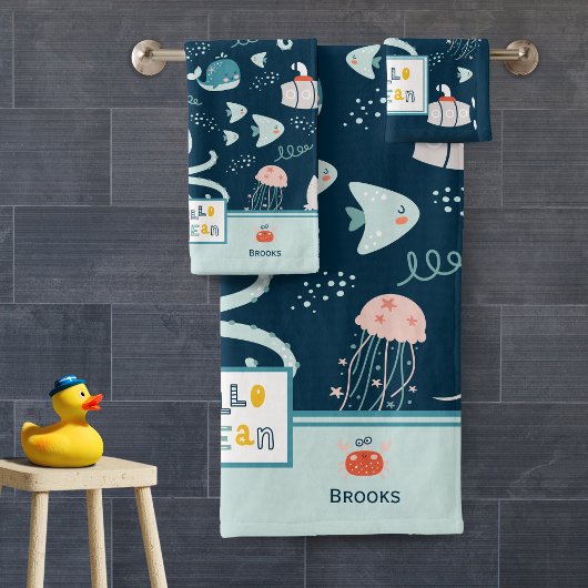 hallo Ocean Octopus Nautical Blue Kind Bathroom Bad Handdoek