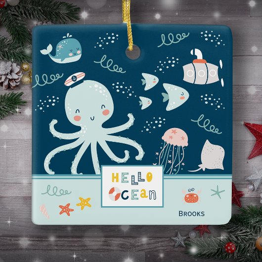 hallo Ocean Octopus Nautical Blue Kind Kerstmis Keramisch Ornament