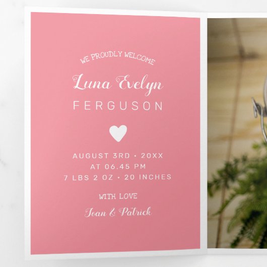 Hallo Pink Heart Photo Collage Baby Drieluik Aankondiging (Binnenzijde eerst)